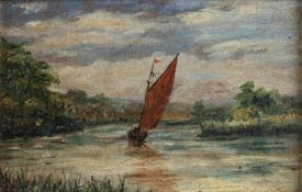 Late 19th / early 20th Century school - A sailing boat on a river - Oil on board - 7 x 10.