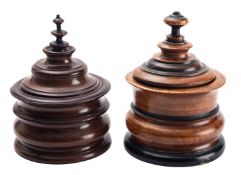 Two similar Dutch turned walnut tobacco jars,