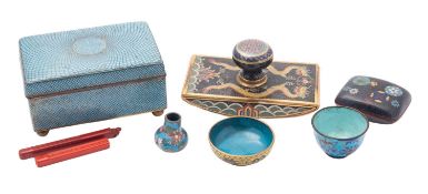 A mixed lot of Chinese and Japanese cloisonne comprising a 'dragon' desk blotter with shou