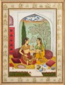 20th Century Indian Mughal school - Two female figures sat in an interior - Watercolour gouache