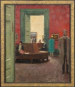 J A Robinson (20th Century British school) - 'In the National Gallery' - Oil on board - 24.