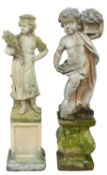 Six various stone composition garden figures, 20th century; including a putto on a plinth,