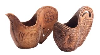 Two Scandinavian carved birch kuksa or kåsa jugs,