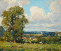 Y Burns (20th century British school) - 'Vale of Avalon (Wells)' - Oil on canvas - 48.5 x 59.