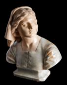 After Giuseppe Bessi (Italian, 1857-1922), a sculpted two-tone alabaster bust of Joan of Arc,