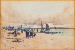 H Thomson (20th Century British school) - Fishing vessels in a harbour