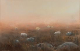 * James Martin (British, contemporary) - Sheep on Dartmoor - Pastel on paper - 17 x 26.5cm, 38.
