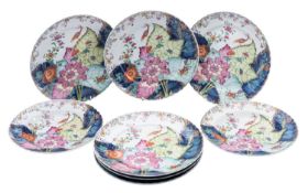 A group of eight Mottahehdeh 'tobacco leaf' porcelain plates decorated in Chinese Export style,