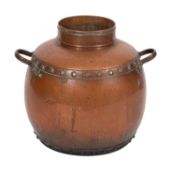 A copper and brass mounted jar in Arts & Crafts style, probably an umbrella stand,