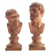 A pair of Continental moulded terracotta busts of Demosthenes and Plato,