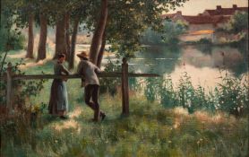 Early 20th Century European school - A couple by a river - Oil on canvas - 35 x 54.5cm, 55 x 76.