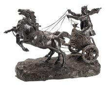 A substantial Continental patinated bronze biga chariot group,