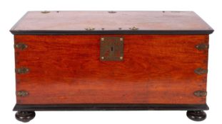 A Dutch Colonial teak, ebonised and gilt brass mounted coffer,