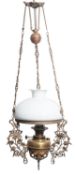 A Victorian brass and milk glass rise-and-fall ceiling oil lamp,