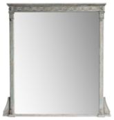 A grey gessoed carved wood framed overmantel mirror in Neoclassical taste,