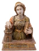 A Spanish carved, polychrome and parcel giltwood devotional bust of Saint Barbara,