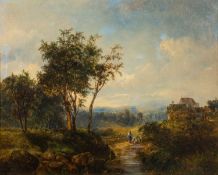 19th Century Continental School - Landscape with figures by a stream to the foreground - Oil on
