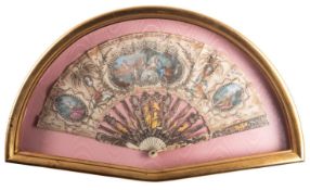 A painted and sequin adorned silk and bone mounted fan, English or French,