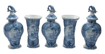 A Dutch delft five piece garniture,