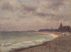 Late 19th Century European school - Beach scene - Oil on board - 18 x 25cm,