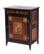 A Victorian thuyawood, ebonised, parcel gilt and painted side cabinet in Aesthetic taste,