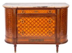 A parquetry and marble topped bowfront commode, in Louis XVI style,