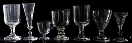 A mixed group of rummers, flutes and wine glasses, early 19th century and later.