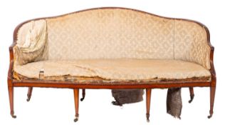 A Regency satinwood and walnut banded sofa, early 19th century; with 'camel back',