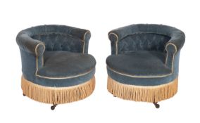 A pair of Victorian blue fabric upholstered tub armchairs,