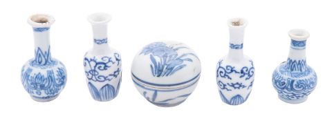 A group of five Chinese 'Vung Tau Cargo' miniature blue and white 'doll's house' items,