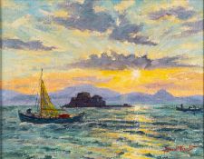 * Ernest Knight (British, 1915 - 1995) - Sunset at Nauplio, Peloponnese - Oil on board - 29.