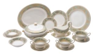 A Wedgwood gold and sage green Colombia dinner service, comprising six 27.5cm plates, six 20.