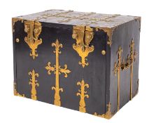 An ebonised and gilt brass mounted wood strong box or coffre-fort,