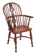 An elm, yew and burr yew wood Windsor elbow chair,