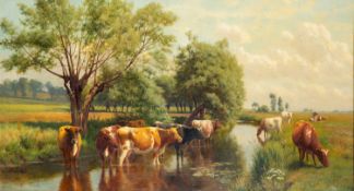 William Sidney Cooper (British, 1854-1927) - Cows in a river on a summers day