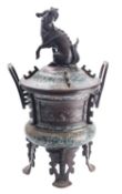 A large Japanese bronze and champlevé enamel koro and cover,