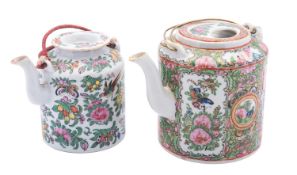 Two Chinese Canton famille rose porcelain teapots and covers in original padded wicker cases,