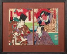 A diptych of Japanese woodblock prints by Utagawa Kunimatsu [1855-1944] from a triptych,