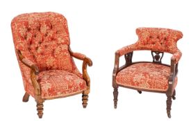 A William IV walnut and upholstered library elbow chair,