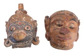 An Indian Hanuman polychromed wood processional mask and a similar Sri Lankan Kolam dance mask,