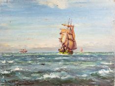 Patrick Downie (British,1854-1945) - 'An Old time Brig in a Breeze,