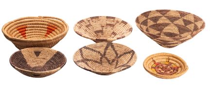 Six various woven palm, straw-work and cord baskets, Botswana,