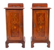 A pair of Edwardian mahogany and marquetry bedside cupboards,