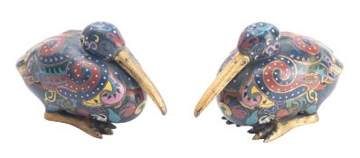 A pair of Chinese cloisonné enamel censers and covers modelled as pelicans,