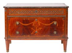 A walnut, marquetry and marble topped commode in Charles X taste,