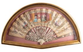 A painted and sequin adorned silk and bone mounted fan, English or French,