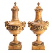 A pair of Convent Siena marble and gilt metal mounted urns,