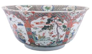 A Chinese famille verte punch bowl, Kangxi with flared rim,