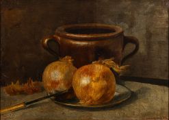 G Brockelbank (Late 19th Century British school) - Still life study of onions on a plate - Oil on
