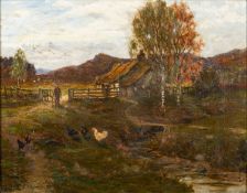 J Murray (19th century British school) - A highland farm scene with chickens - Oil on canvas -